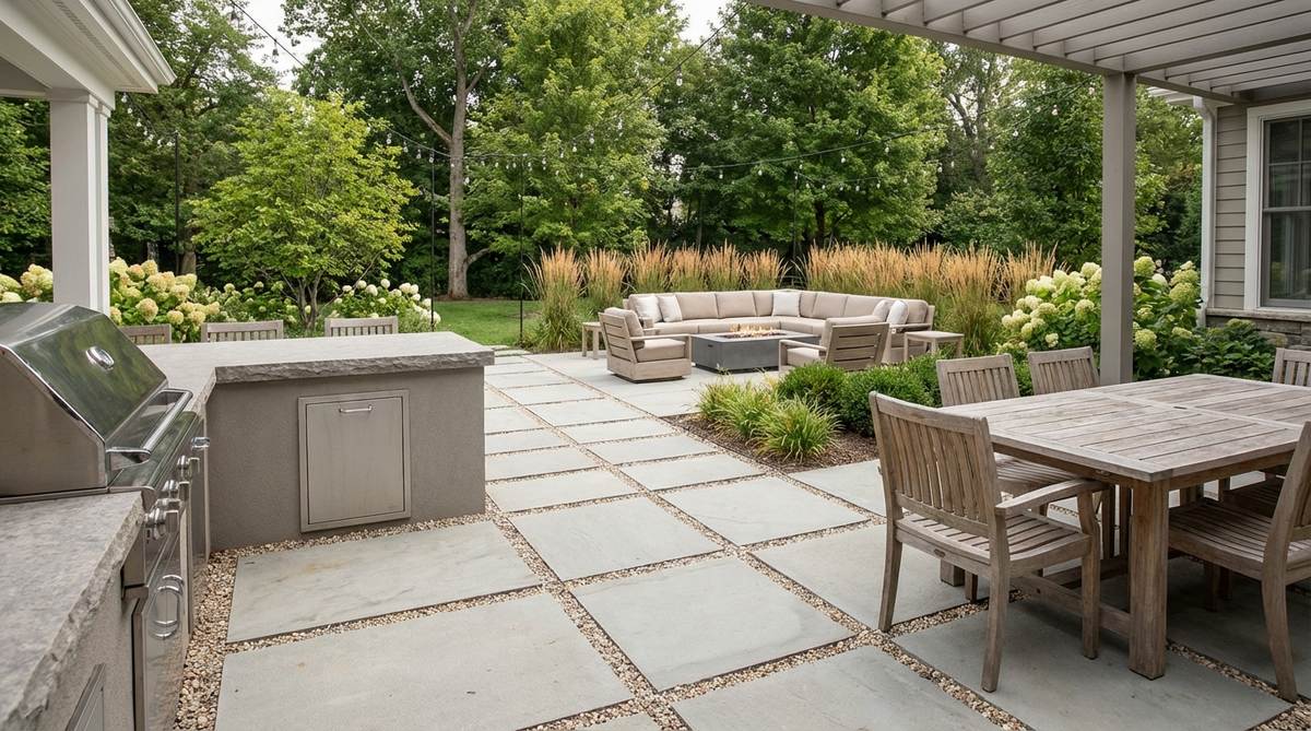 A modern patio design featuring large format pavers arranged in a grid pattern with pea gravel filling the joints, creating defined seating zones and textural variety for an entertainment space.