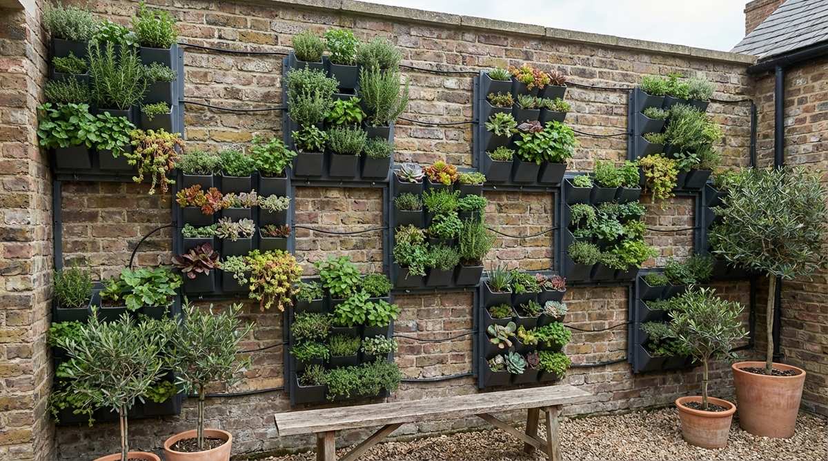 A vertical garden installation featuring modular self-watering planter grids arranged in a geometric pattern on a courtyard wall. The grid supports a variety of plants including herbs and succulents, with integrated drip irrigation visible behind the panels. This living tapestry demonstrates efficient use of vertical space for small garden areas.