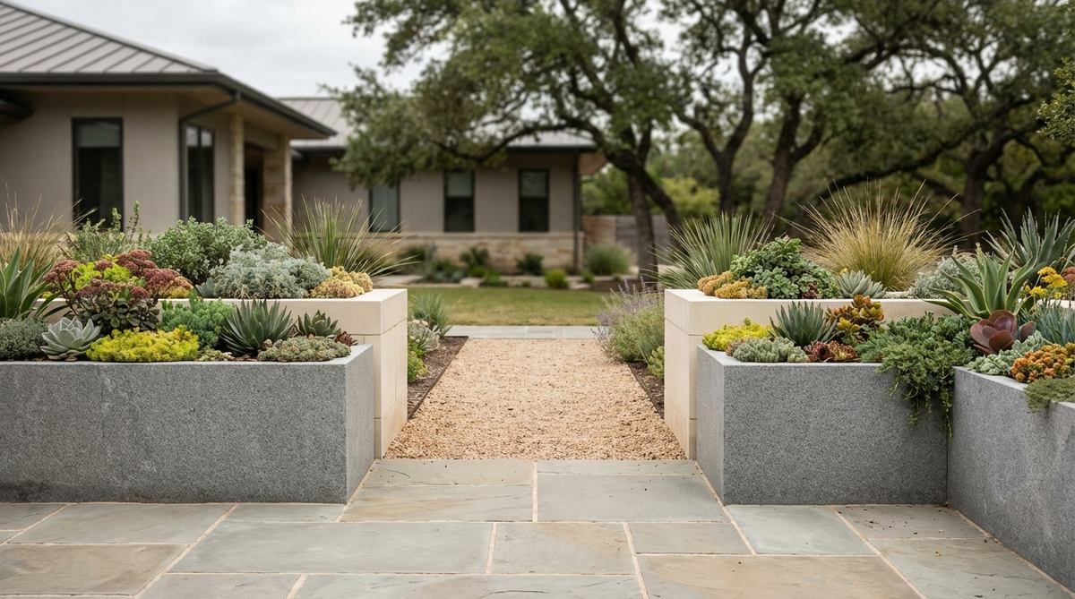 A modern garden featuring monolithic stone troughs with clean geometric profiles, made from natural limestone or granite. These heavy planters anchor corners and entry points, planted with alpine species and succulents that complement the container's form.