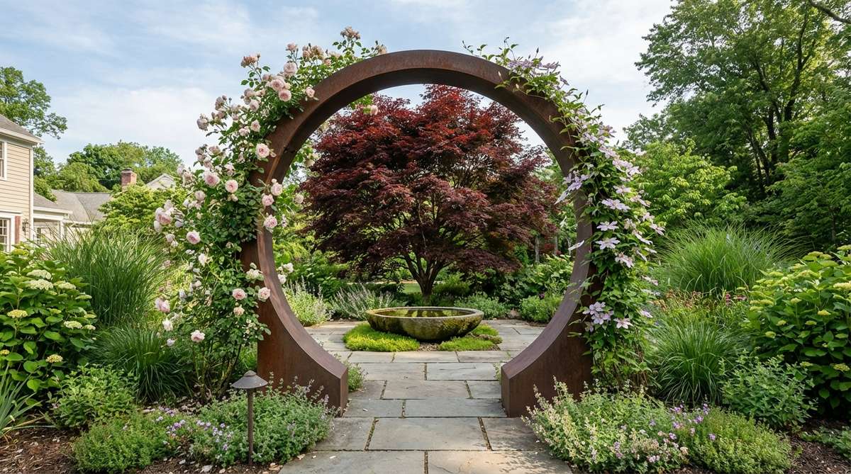 A simple arch or circular moon gate in a garden, made of metal, wood, or masonry, aligned with a focal point like a tree or water bowl, softened with climbing vines or roses, creating a calming threshold to enhance relaxation.