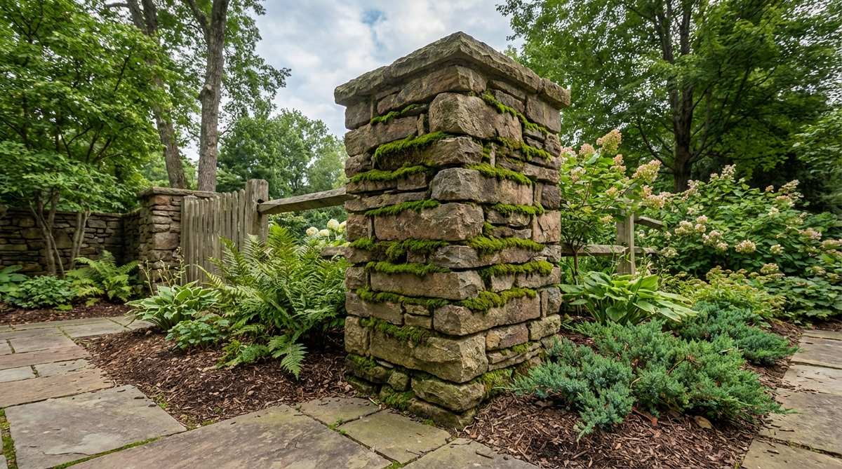 A stacked stone pillar with deliberate gaps between sections, filled with green moss in horizontal joints, creating rhythmic patterns that break vertical monotony in a rustic garden setting.