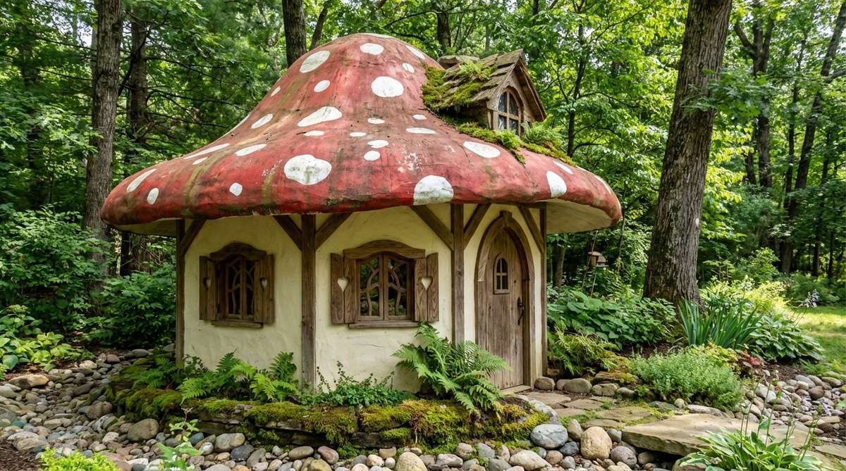 A miniature garden shed shaped like a spotted red-and-white mushroom cap with cream-colored base, featuring carved windows and arched doorway. This organic design blends naturally into woodland gardens with ferns and moss, serving as both functional storage and decorative fairy dwelling.