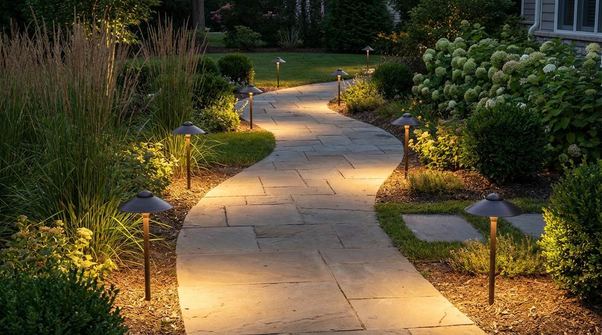 Low-profile mushroom garden lights with downward-facing shields casting circular pools of light on a garden pathway. Installed in a staggered pattern on alternating sides for rhythmic visual interest without glare.