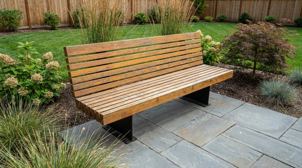 A modern garden bench with five to seven narrow 1x4 slats arranged in rhythmic spacing with consistent 1/2-inch gaps, showcasing a classic park bench aesthetic with improved drainage and ventilation.