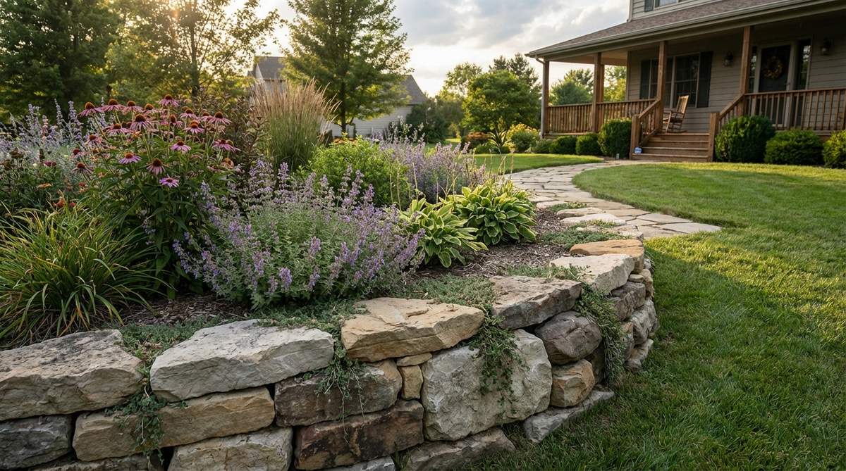A garden border featuring natural stone edging with irregularly shaped stones in varying sizes, including limestone, sandstone, and fieldstone, used to soften formal plantings and create an organic, cottage-garden appeal.