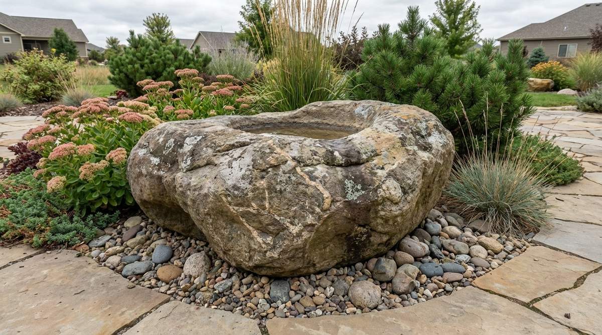 A natural stone water basin carved from river boulders or weathered stones, featuring shallow depressions, unique mineral striations, lichen patterns, and erosion textures. This Japanese outdoor decor piece measures 16 to 24 inches across with a depth of 4 to 6 inches, showcasing irregular forms that highlight natural materials.
