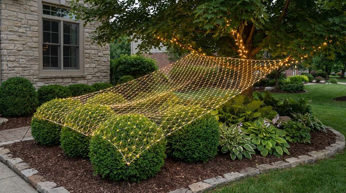 A four-foot by six-foot net light draped over rounded shrubs and foundation plantings, showcasing even distribution without hand-placement of bulbs, visually linking ground-level plantings with overhead tree installations in outdoor decor settings.