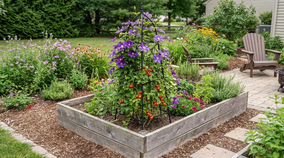 A decorative metal obelisk trellis standing tall in a raised garden bed, adorned with flowering vines and cherry tomatoes, adding architectural elegance and vertical interest to the garden design.