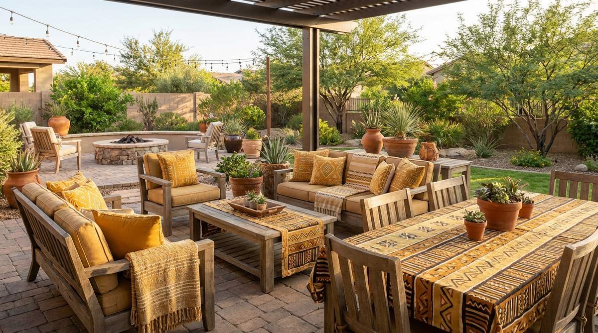 A collection of ochre yellow textile accents including patterned cushions, throws, and table linens arranged in an afro boho decor setting. The warm golden ochre color brings sunlight warmth to the space while maintaining the grounded quality essential to afro boho design, showcasing how this traditional earth pigment used in African textiles for centuries can be incorporated through small decorative touches.