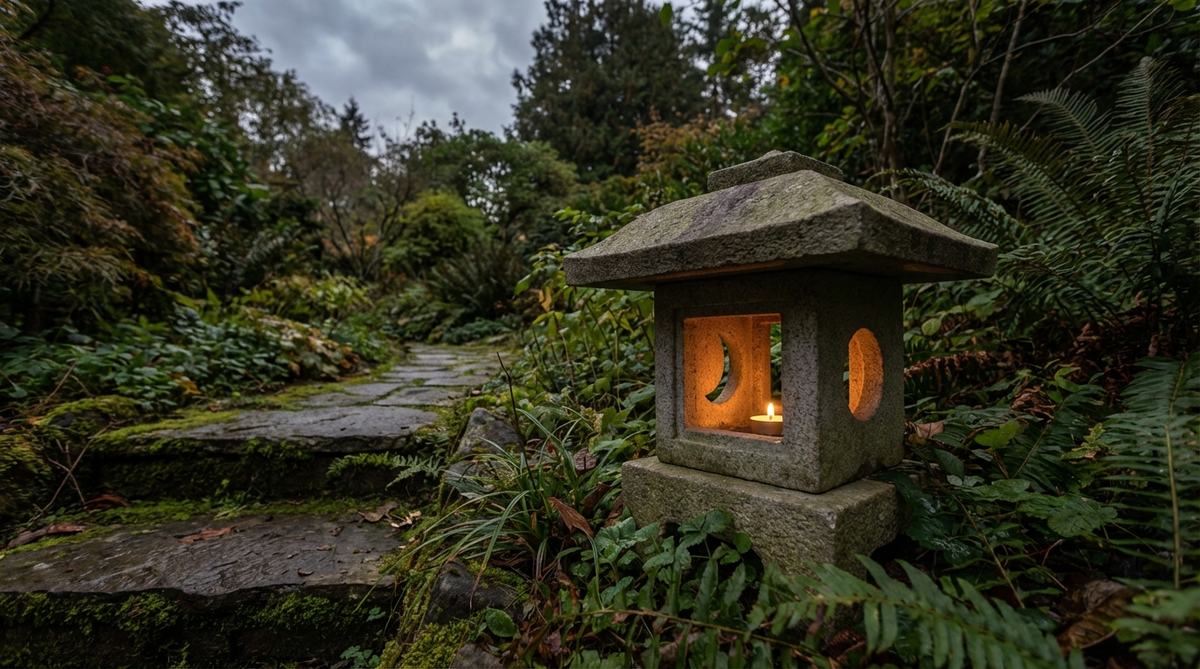 A distinctive Japanese garden lantern designed by Furuta Oribe, featuring a cubic fire box with four different window shapes: square windows on the front and rear, and crescent moon and full moon cutouts on the sides. The modest four-sided roof and compact scale make it suitable for intimate tea garden spaces, often positioned along roji paths where guests pause before entering the tea house. The asymmetric window patterns create varied light projections as candles flicker, reinforcing tea ceremony values of rustic simplicity.