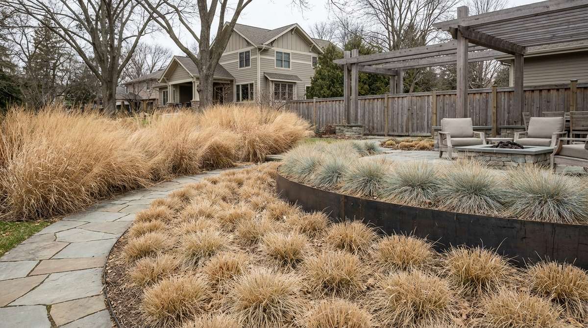 Feather reed grass and blue oat grass planted in sweeping drifts of 15-30 specimens, showcasing vertical blades that introduce movement and seasonal interest while softening hard edges and maintaining modern character. The grasses are cut back to 4 inches in late winter for renewed growth and tidy appearance.