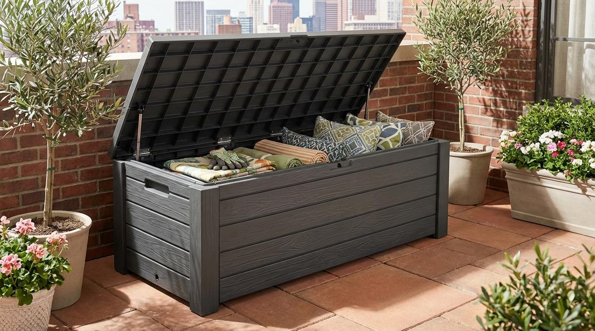 A weatherproof outdoor storage bench made of UV-stabilized resin or wood with a lift-top lid, designed for urban balconies. Features hydraulic hinges for easy access, drainage holes to prevent water accumulation, and interior storage capacity of 50-120 gallons for cushions, garden tools, and outdoor textiles.