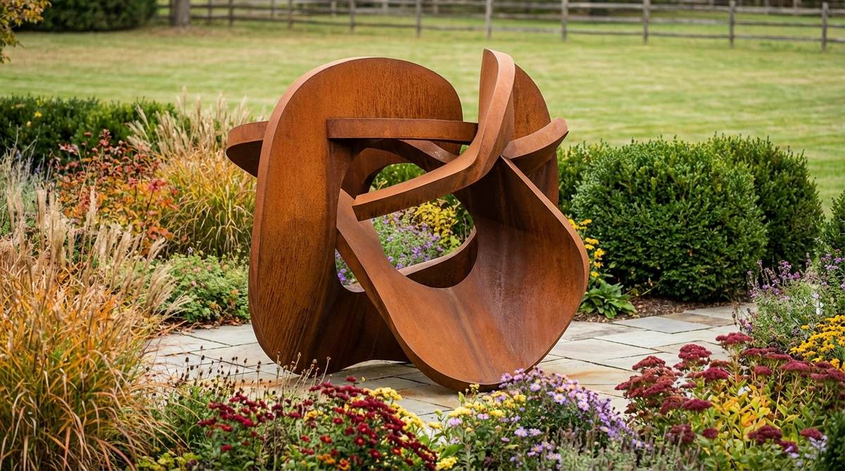 A contemporary oxidized steel abstract sculpture featuring freeform shapes that explore texture, volume, and negative space. The weathered surface with rusty tones adds temporal depth and harmonizes with garden backgrounds like green hedges or autumn-toned planting palettes.