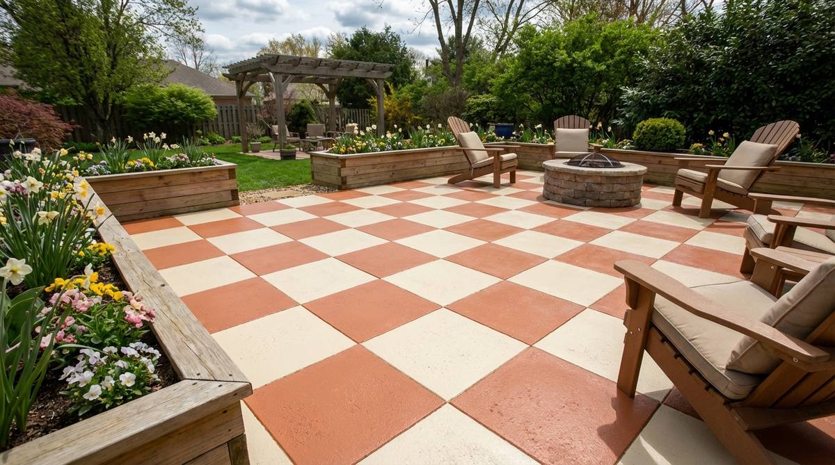 A stenciled concrete checkerboard pattern in alternating terra cotta and cream squares, designed for outdoor flooring with durable paint and sealed with clear acrylic to prevent chipping, adding geometric interest to spring decor.