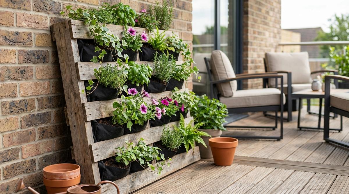 A rustic DIY vertical planter made from a reclaimed shipping pallet, used for balcony decor. The pallet is sanded, sealed, and fitted with landscape fabric to create planting pockets, filled with potting mix and plants, leaning against a wall for a budget-friendly garden solution.