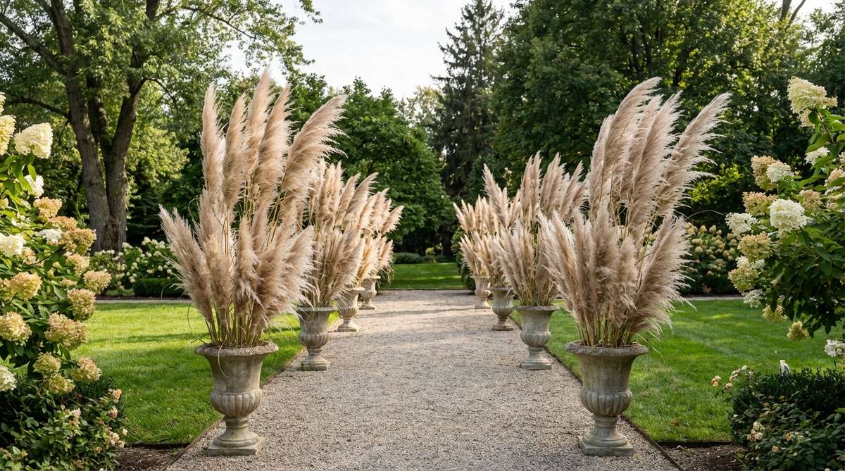 Tall pampas grass plumes arranged as dramatic aisle markers for wedding ceremonies, featuring neutral tones and bohemian flair. The feathery texture moves gracefully in outdoor breezes, with clusters secured in weighted urns or ground stakes. Perfect for garden decor weddings, adding substantial visual height and working with any color palette.