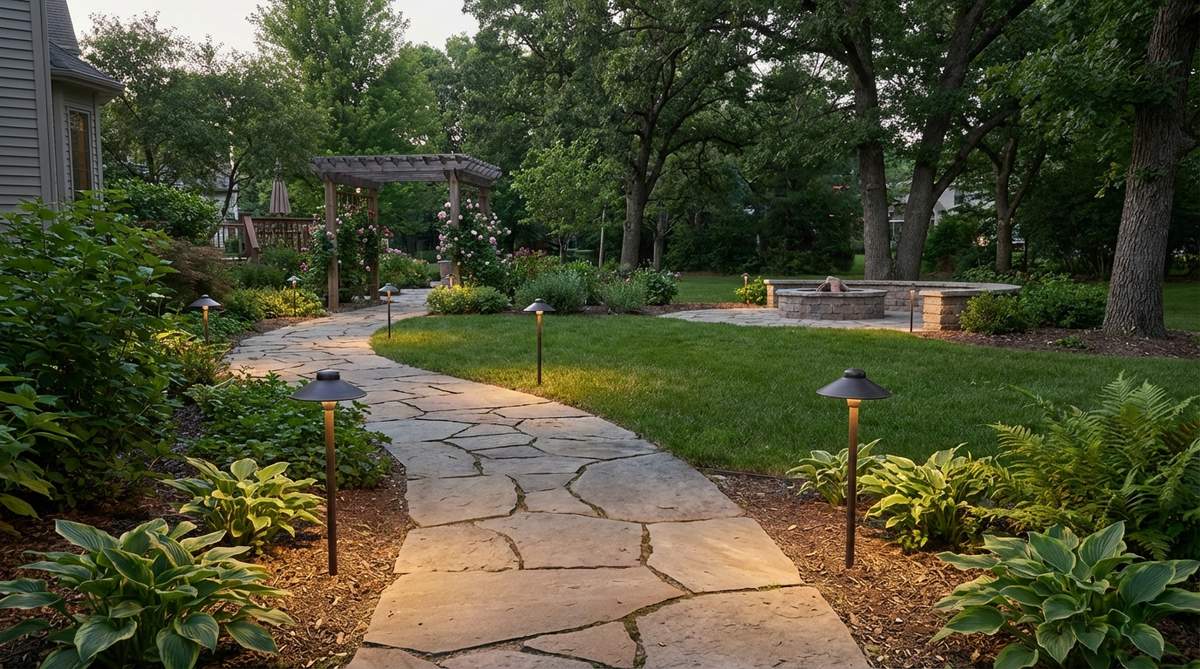 Low-profile path marker lights spaced 6-8 feet apart along a garden walkway, featuring downward-facing shields to prevent glare and minimize light pollution while guiding movement in a cozy garden setting.