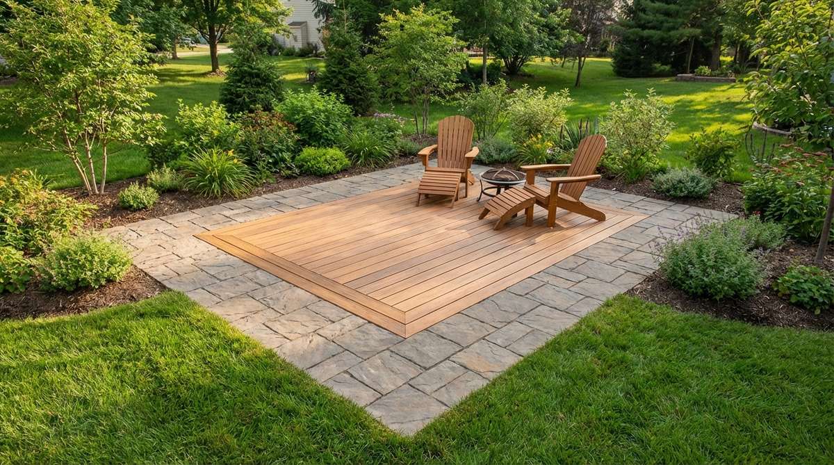 A small garden patio design featuring a central deck section framed by a perimeter of pavers. The paver border creates a finished edge that eliminates traditional deck skirting, typically 18-24 inches wide. This configuration simplifies transitions to surrounding garden beds and lawn areas, with pavers handling direct ground contact while elevated decking remains protected from soil moisture.