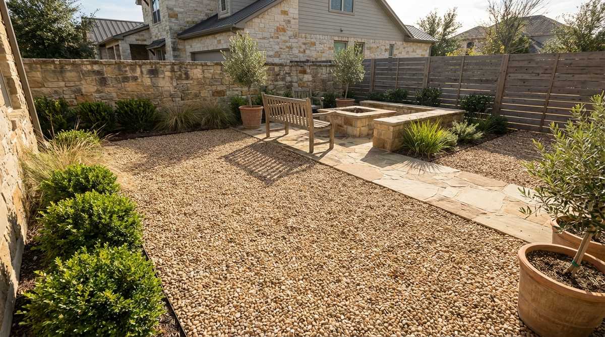 A permeable pea gravel surface in a courtyard garden, showcasing small rounded stones for excellent drainage and a comfortable walking surface, with neutral tan tones complementing traditional and modern architectural styles.