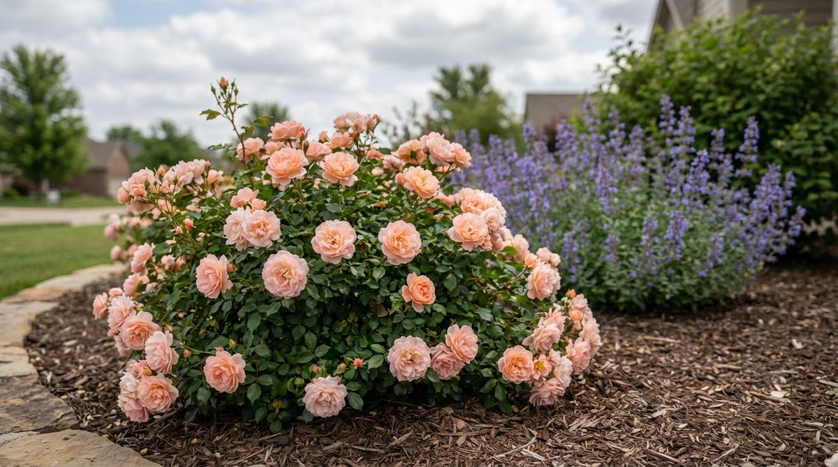 A close-up of Peach Drift rose, showcasing its soft peachy-pink double blooms covering dense, low mounds. The image highlights the plant's suitability for edging contemporary garden beds or as a groundcover, with vibrant flowers against lush green foliage, ideal for pairing with blue-hued companions like catmint.