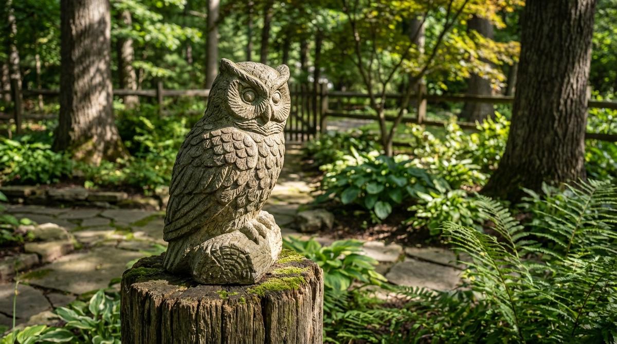 A stone owl sculpture perched on a stump or post, ideal for garden corners and woodland settings. This wise watchful statue features carved feather details that catch dappled light in shaded areas, creating a vertical focal point or framing garden passages.