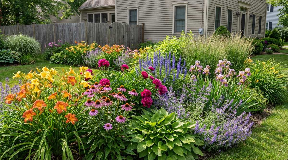 A vibrant perennial border featuring classic combinations like daylilies with coneflowers, peonies with salvia, and irises with catmint, showcasing layered seasonal blooms in a front yard garden. The design includes staggered bloom times and foliage plants like hostas and ornamental grasses to maintain visual interest throughout the seasons.