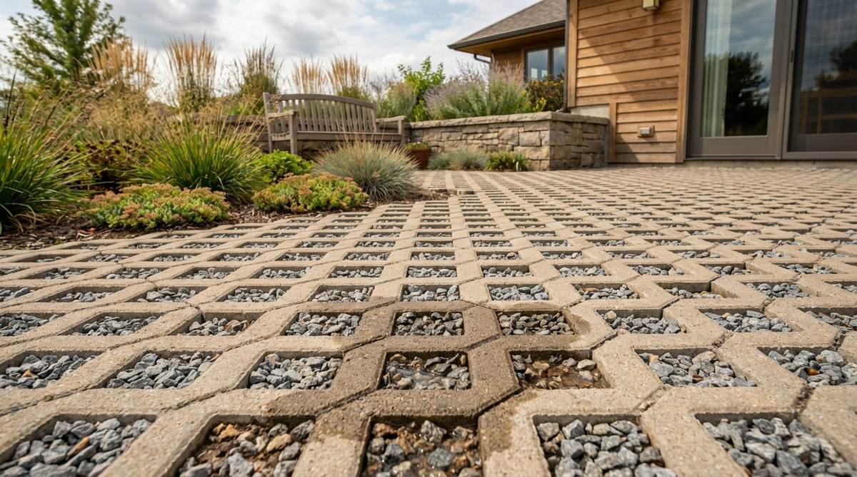 A close-up photo showing grid-pattern permeable pavers with open cells filled with gravel, used in a terrace garden to allow rainwater infiltration and reduce runoff, supporting foot traffic while meeting stormwater management requirements.