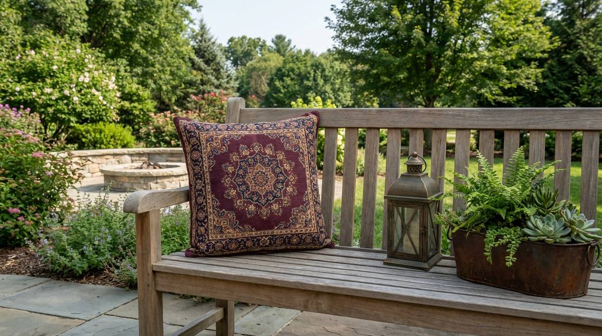 A throw pillow featuring intricate medallion patterns and floral borders inspired by antique Persian rugs, in rich burgundy, navy, and gold tones. This ornate design adds elegance and historical depth to casual outdoor settings, perfect for pairing with weathered wood and aged metals in boho decor.