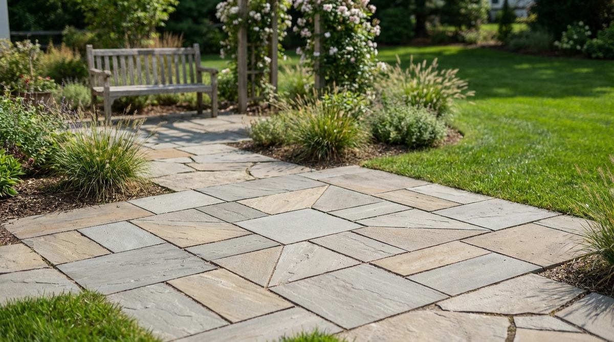 A close-up view of a stone garden path featuring pinwheel pattern accent sections, where rectangular pavers are arranged around square center pieces at consecutive right angles to create dynamic focal points. This design is used at pathway intersections or as landing areas near benches and arbors, adding visual sophistication with rotational symmetry that draws attention without overwhelming the overall design. The pattern requires precise cutting and positioning and is recommended to cover 15-20% of the total pathway area for balance.