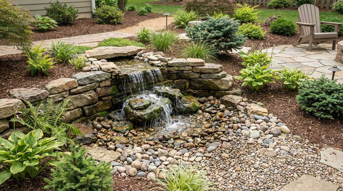 A serene pondless waterfall cascading over a vertical rock face into a hidden underground reservoir, illustrating a low-maintenance water feature ideal for zen gardens, with water flowing gently to create soothing sounds and visual appeal.