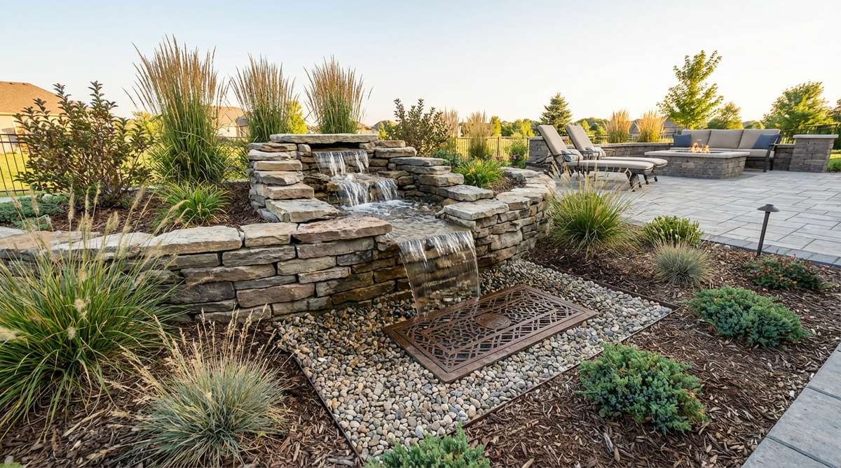 A modern pondless waterfall system in a garden setting, showing stacked stone water flow disappearing into a subsurface reservoir with decorative grate access for maintenance.