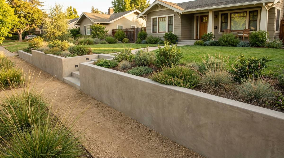 A seamless poured concrete retaining wall with a smooth troweled finish, showcasing modern aesthetics and structural integrity for small garden applications.