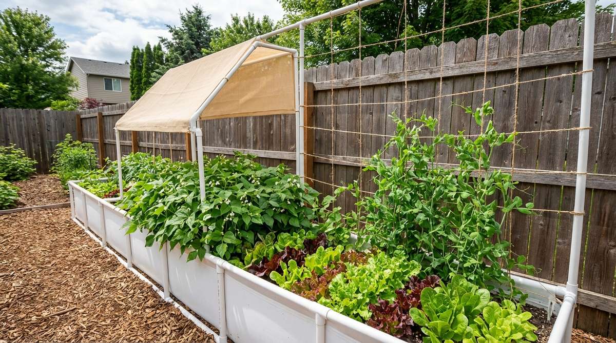 A lightweight PVC-framed raised bed in a trough style, positioned along a fence or wall, filled with bush beans, lettuce, and climbing peas. The white PVC frame provides a clean, architectural outline around lush green foliage, with string trellises for climbers and optional shade cloth support.