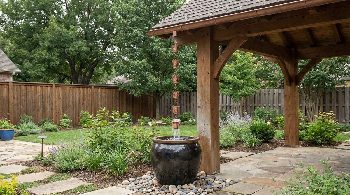 A copper rain chain elegantly cascading water from a roofline into a large ceramic collection basin, demonstrating how Japanese gardens transform functional drainage into aesthetic water features with visual and auditory appeal.