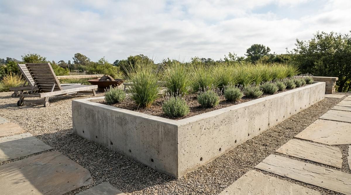 A minimalist garden featuring a raised concrete planting box, designed to elevate plants for improved visibility and accessibility. The rectangular box includes drainage holes to prevent waterlogging, filled with a limited selection of plant species for a unified and rhythmic appearance when arranged in a grid.