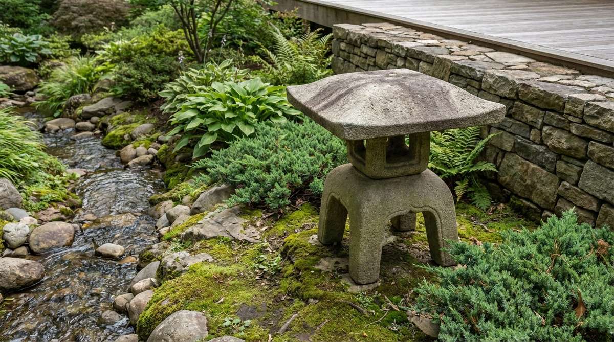 A stone garden lantern in the Rankei Zen Master design, featuring a squared roof with gently rounded corners that bridges geometric and organic forms. Four substantial legs provide stable support, making it suitable for uneven terrain near natural water features. The lantern is positioned to align with architectural elements like deck edges or stone retaining walls, creating visual harmony between built structures and natural landscape elements.