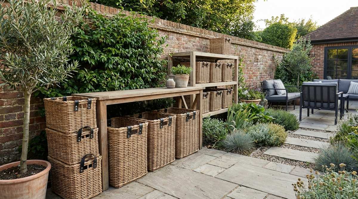 Natural woven rattan storage baskets featuring black leather or metal handles, adding a modern edge to boho decor. Ideal for use on shelving units, under console tables, or stacked in corners as functional and design-forward accessories, with black handles creating visual cohesion with other dark accents in the space.