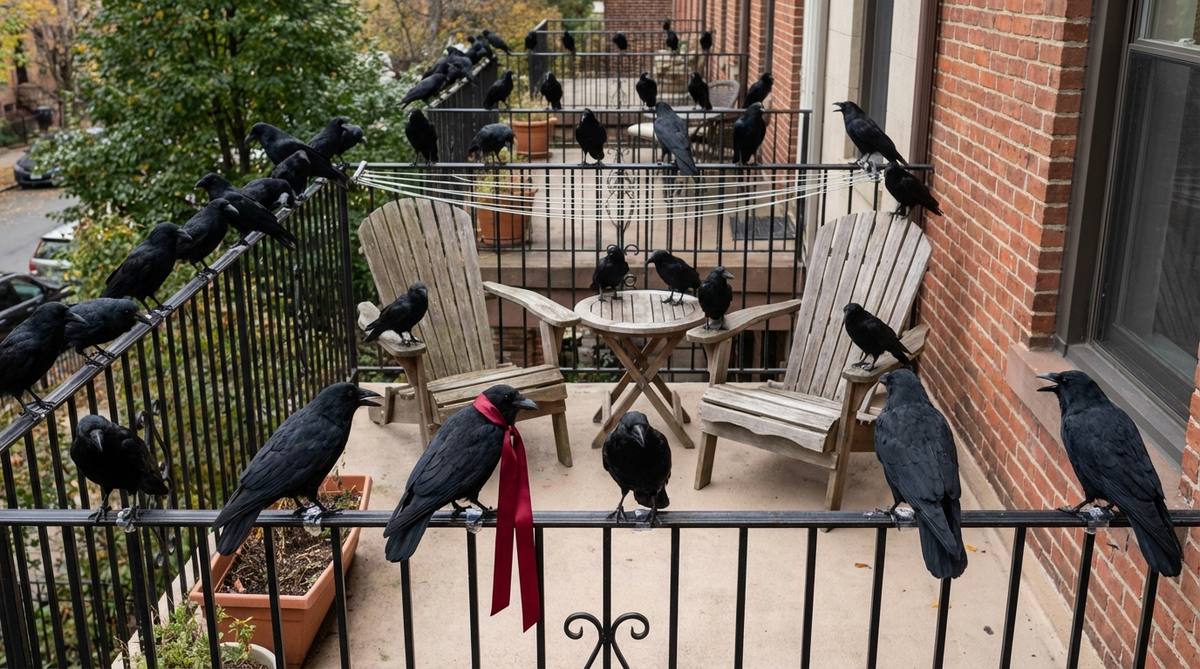 A Halloween balcony scene featuring dozens of realistic raven replicas perched on railings, furniture, and overhead wires, inspired by Alfred Hitchcock. The ravens vary in poses from watchful to preening, creating a lifelike flock with a monochromatic black-on-black composition. A single red accent, such as a ribbon or flower, provides a focal point, and the setup is secured with museum putty for temporary, stable mounting without damaging surfaces.
