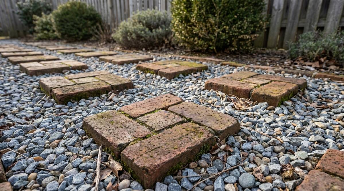 A close-up photo of vintage reclaimed brick pavers arranged as stepping stones in a gravel garden, showcasing their warm red-brown tones against a cool gray stone aggregate background. The bricks are laid side-by-side to form platforms, creating a rustic and sustainable pathway that adds historical character to modern outdoor spaces.