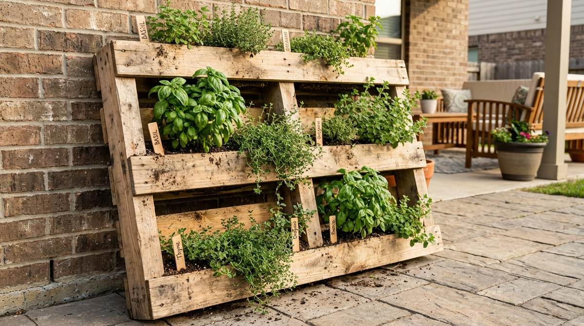 A rustic vertical herb garden made from a reclaimed wooden shipping pallet, planted with culinary herbs like basil, thyme, and oregano, positioned horizontally against an outdoor wall for easy access and space-saving gardening.