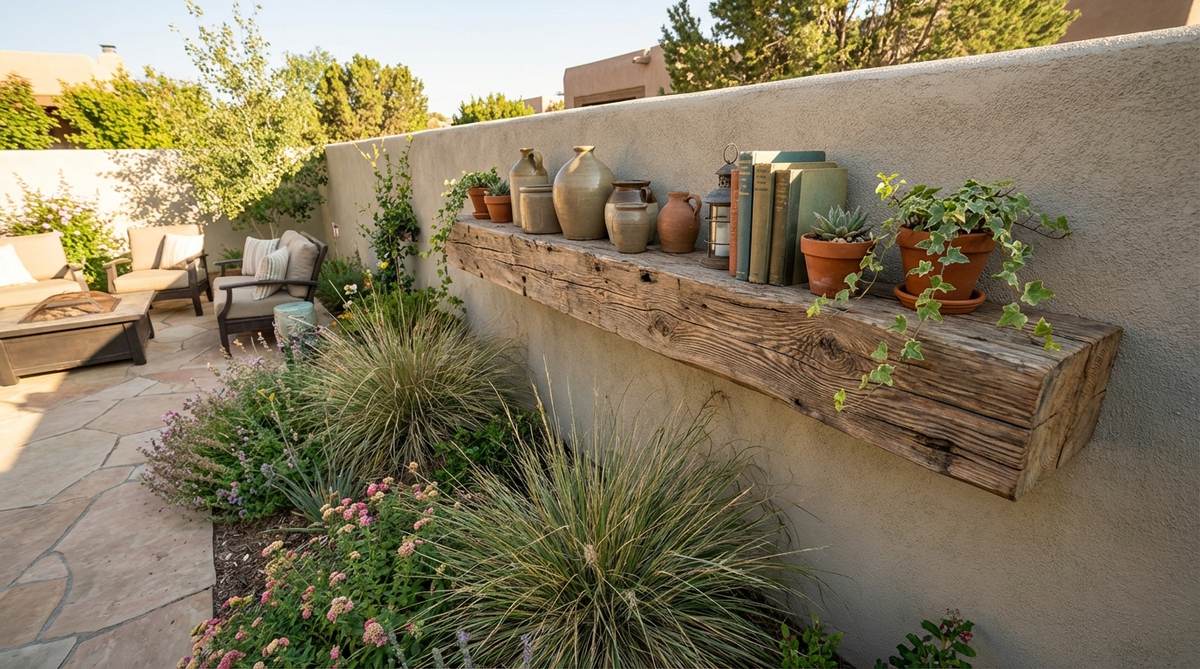 A floating shelf made of reclaimed wood, styled with pottery, small plants, and meaningful objects in a modern boho decor setting, showcasing natural texture and grain patterns against a smooth wall.