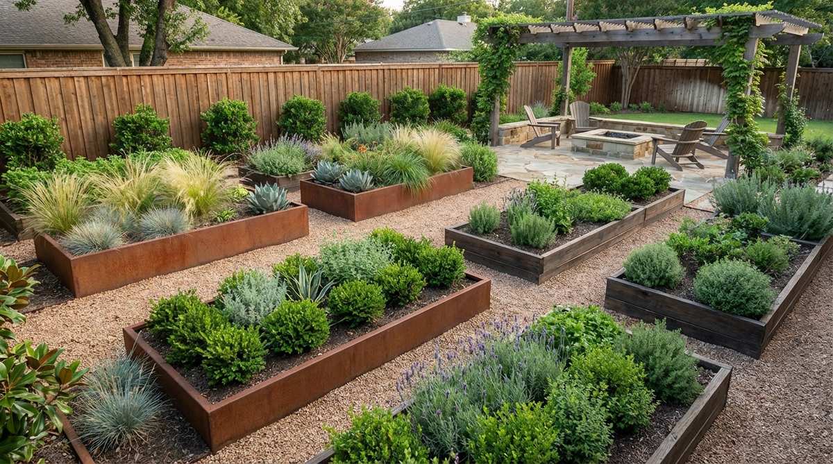A modern garden featuring rectangular planting beds arranged in a precise grid pattern, with narrow gravel paths separating the modular sections. Each bed contains different plant varieties while maintaining visual unity through consistent geometric shapes, showcasing an orderly yet flexible garden design.