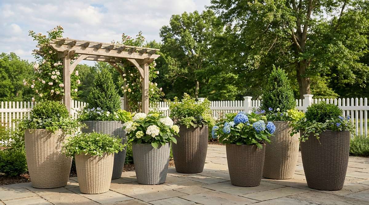 Modern resin planters with wicker texture in neutral tones, perfect for adding visual warmth and weather resistance to outdoor spaces like patios, decks, and cottage-style gardens.