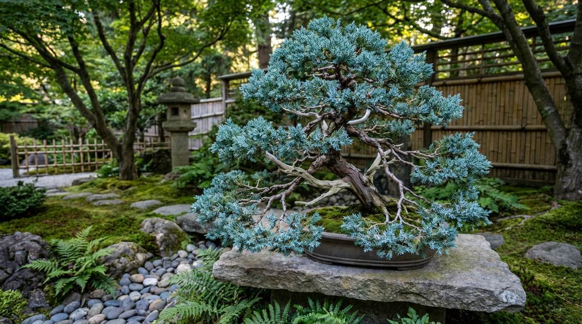 A close-up of a Rocky Mountain Juniper (Juniperus scopulorum) bonsai with blue-tinted foliage, showcasing its compact form and unique color in a Japanese garden setting, illustrating proper pruning techniques for bonsai maintenance.