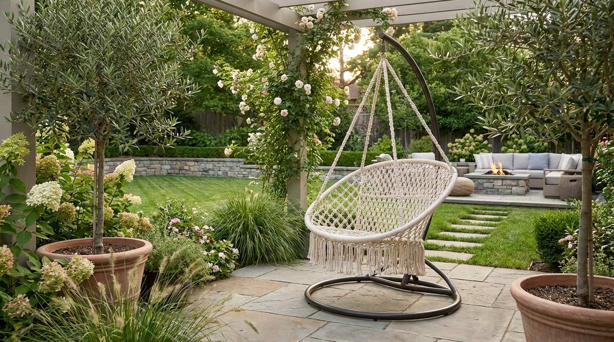 A modern rope-suspended chair with macramé-style netting and circular steel base, shown on a garden patio. The chair demonstrates gentle rocking motion and natural fiber texture suitable for outdoor relaxation.