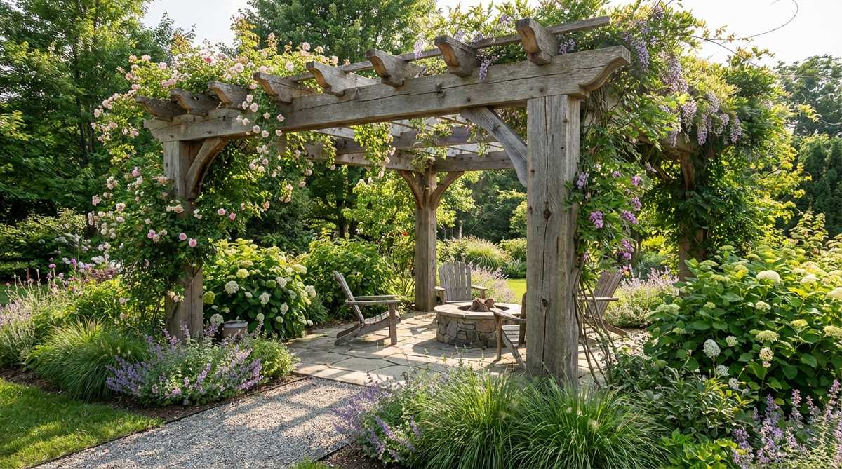 A small garden pergola featuring rustic weathered timber made from rough-sawn cedar or reclaimed barn wood, showcasing aged character and natural texture with visible joinery and substantial timber dimensions. The design includes 6x6 inch posts and 2x10 inch beams with decorative bracket details, suitable for cottage gardens and informal landscapes, harmonizing organically with surrounding plantings.