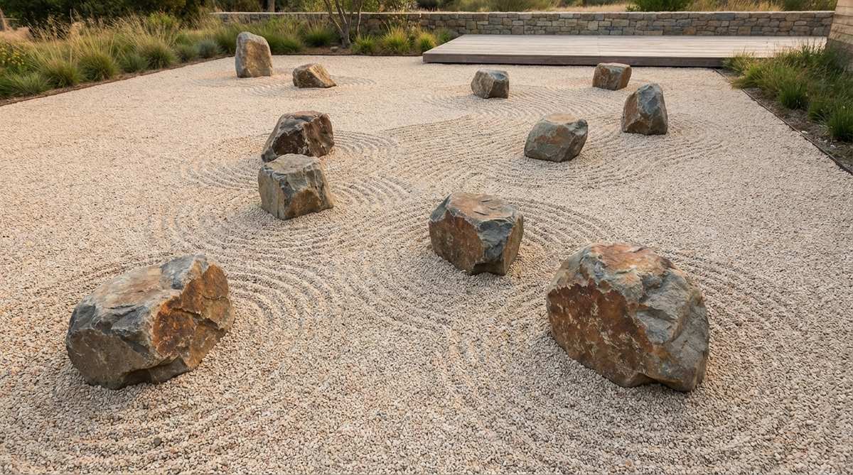 A contemporary zen garden design featuring nine small to medium boulders scattered randomly across a gravel expanse, resembling coral reef fragments exposed at low tide. The stones have interesting surface textures and colors, protruding 6-12 inches above the gravel level, with irregular raked patterns flowing around them to create a relaxed, organic atmosphere.