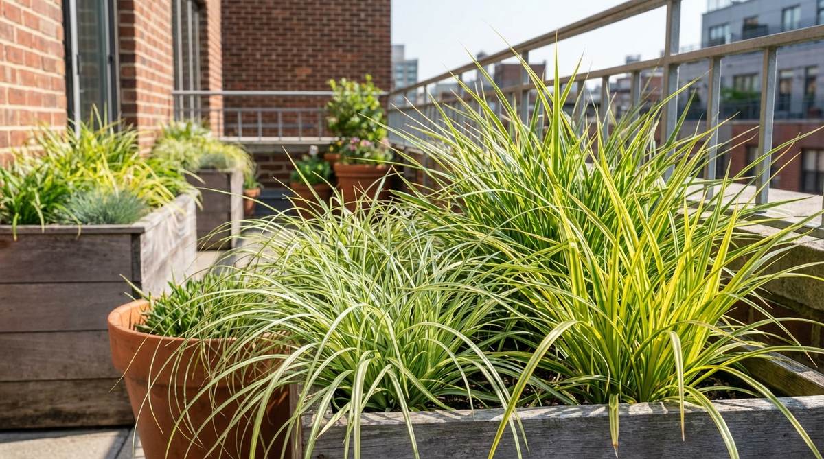 A close-up photo of Sedge (Carex) plants on an urban balcony, showcasing their grass-like foliage and texture. The image highlights varieties like 'Frosted Curls' with pale green leaves and 'Evergold' with bright variegated foliage, demonstrating how these wind-tolerant perennials can be used as thriller, filler, or spiller plants in container gardens.