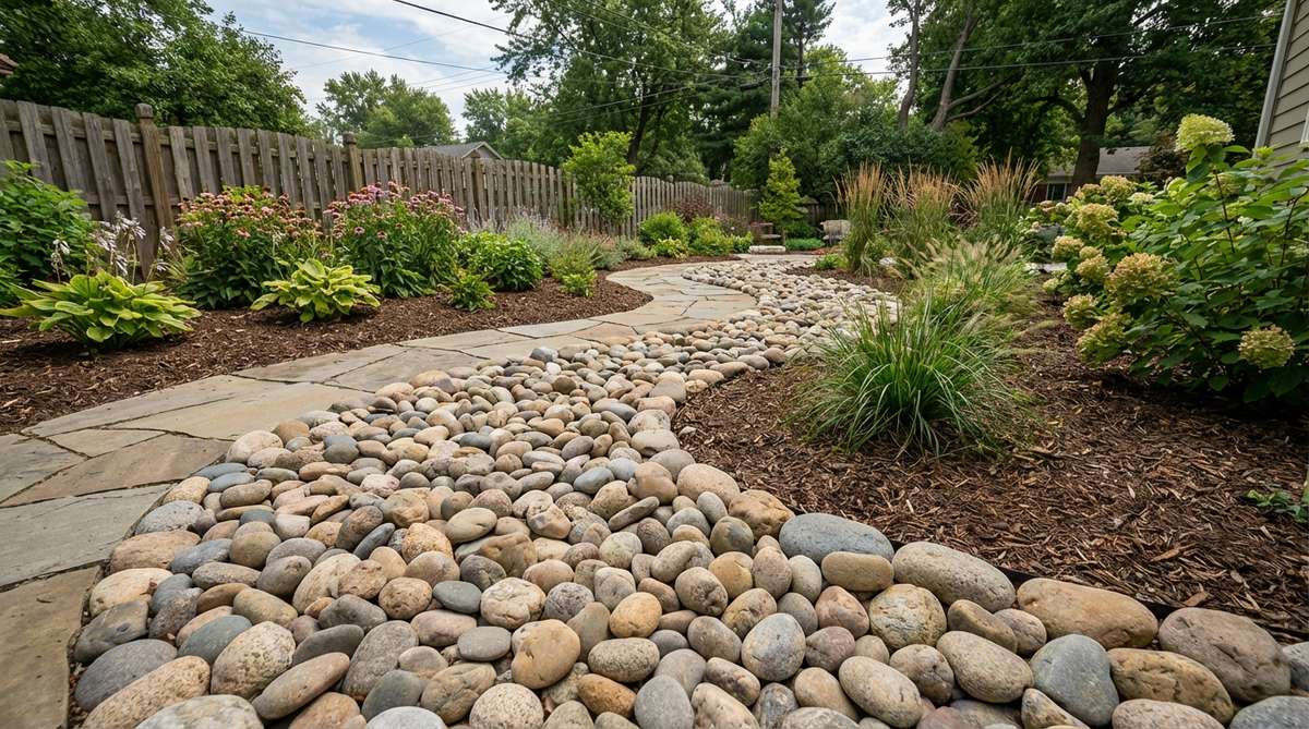 A curved garden pathway edge created with smooth river rocks, showing how rounded stones follow organic flowing lines to guide visitors through outdoor spaces. The rocks are positioned shoulder-to-shoulder without gaps along a serpentine curve.
