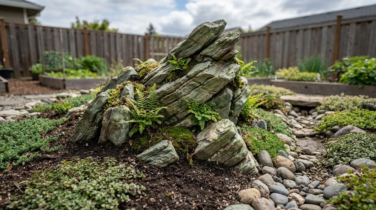 A miniature garden decor setup featuring stacked serpentine stones to create a mountain formation with visible geological layers, green tones blending with plants. Stones are buried in soil for a natural emergence effect, tilted to suggest erosion, with small ferns planted in crevices for an alpine theme, highlighting the contrast between hard stone and soft plant textures.